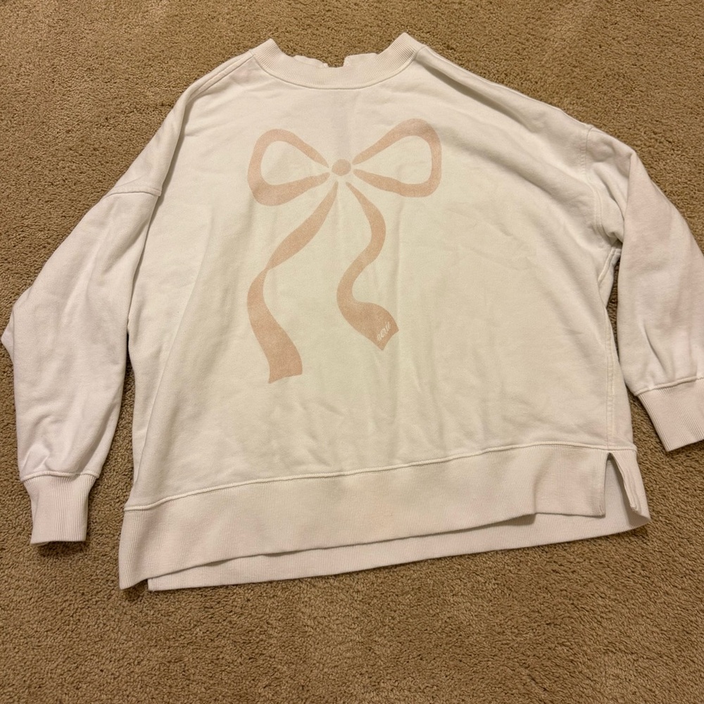 Aerie White Sweatshirt with Pink Bow Design